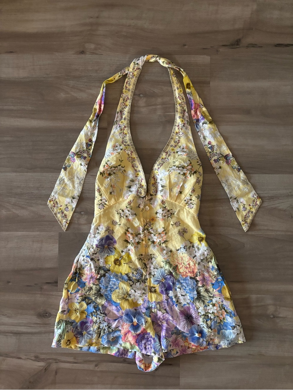 Camilla Designer Darling Buds Halter Romper Yellow and Floral 100% Linen Size XS - Picture 4 of 10